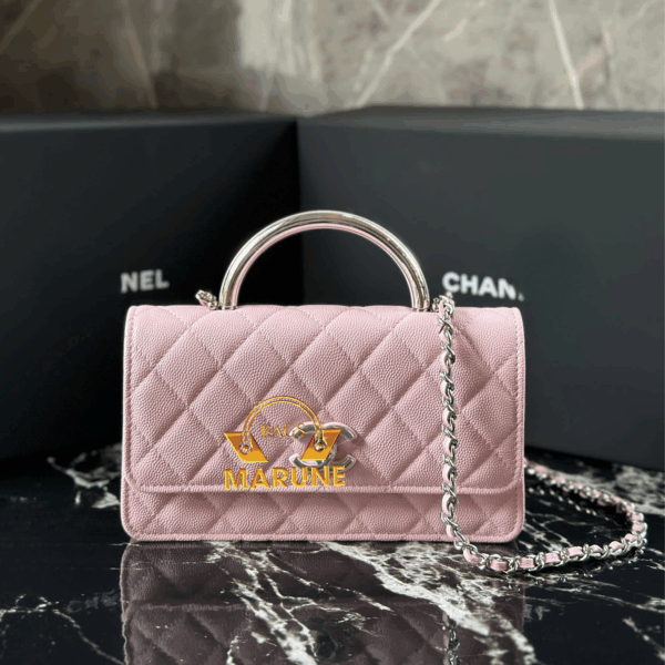 Túi Xách Nữ Hàng Hiệu cao cấp 1:1 Nel Flap Bag With Silver-Tone Handle Size 11cm Da Caviar Màu Hồng.