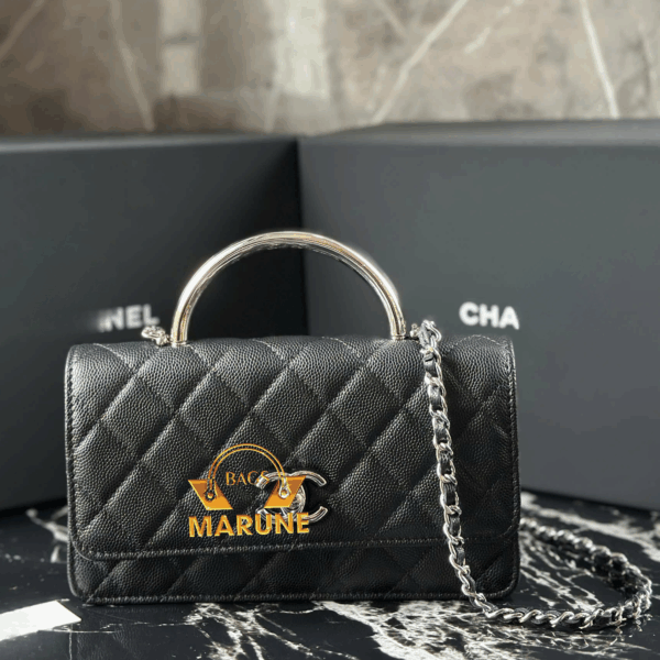 Túi Xách Nữ Hàng Hiệu cao cấp 1:1 Nel Flap Bag With Silver-Tone Handle Size 11cm Da Caviar Màu Đen.