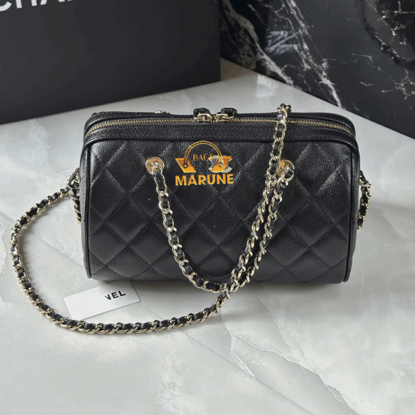 Túi Xách Đeo Chéo Nữ Nel 25p Bowling Speedy Bag Hàng Hiệu Cao Cấp Da Bê Caviar Màu Đen - Mã CN25P010
