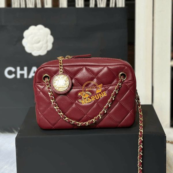 Túi Xách Nữ Hàng Hiệu Cao Cấp Nel Camera Bags Có Charm Màu Đỏ Đô.